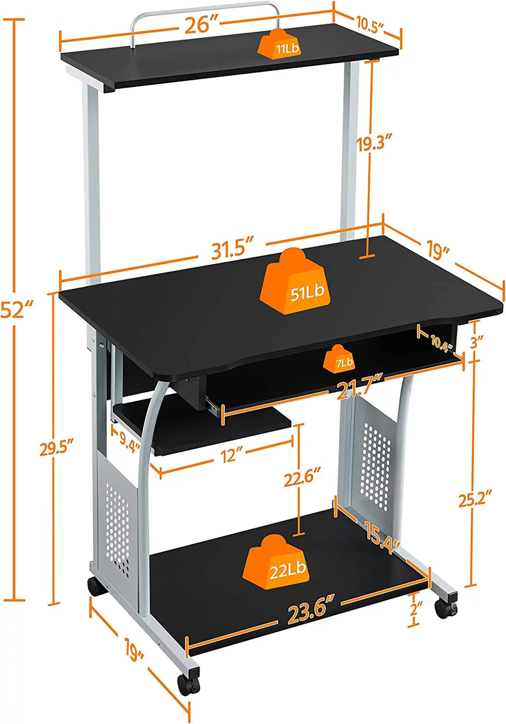 Black 2 Tier Rolling Computer Desk with Keyboard Tray T40974