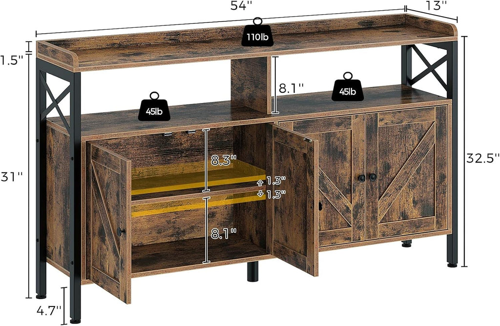 Rustic Brown 55Inch Console Table with Cabinet and Open Shelf B321