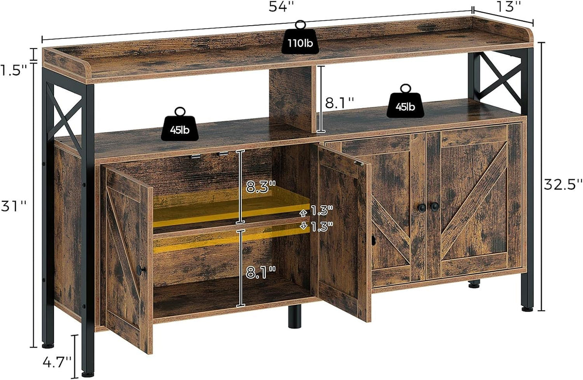 Rustic Brown 55Inch Console Table with Cabinet and Open Shelf B321