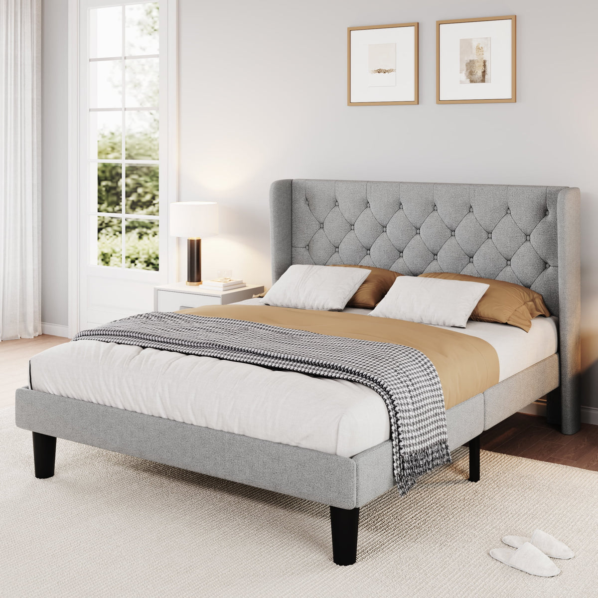 Queen Size Dark Grey Upholstered Platform Bed Frame U867