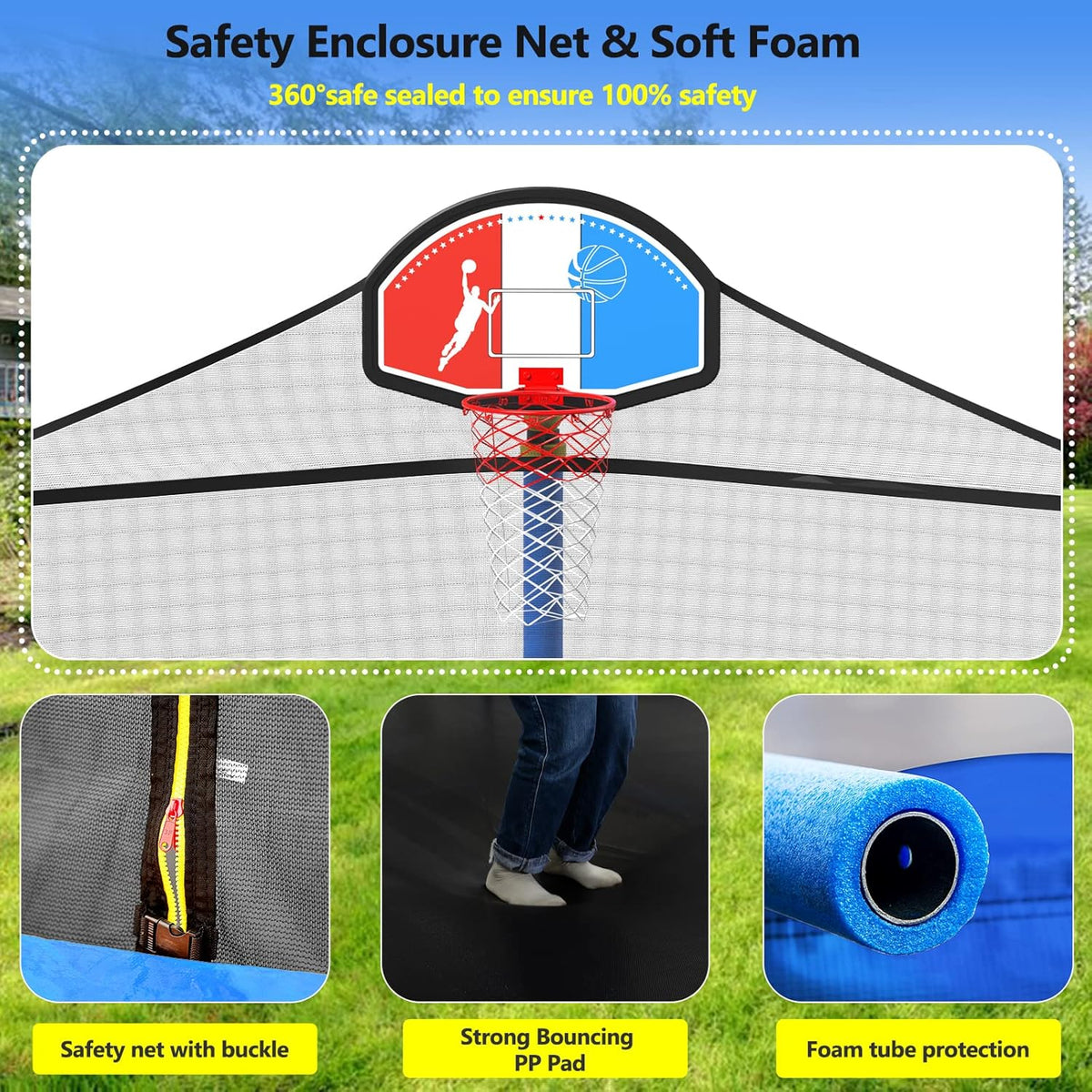 15FT Trampoline with Enclosure Net, Basketball Hoop and Ladder U1588