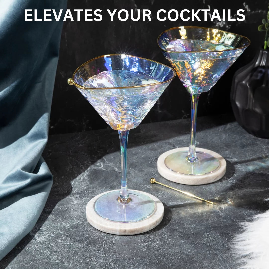 Iridescent Handmade Hammered Martini Glasses with Gold Rim Set of 2 U9380