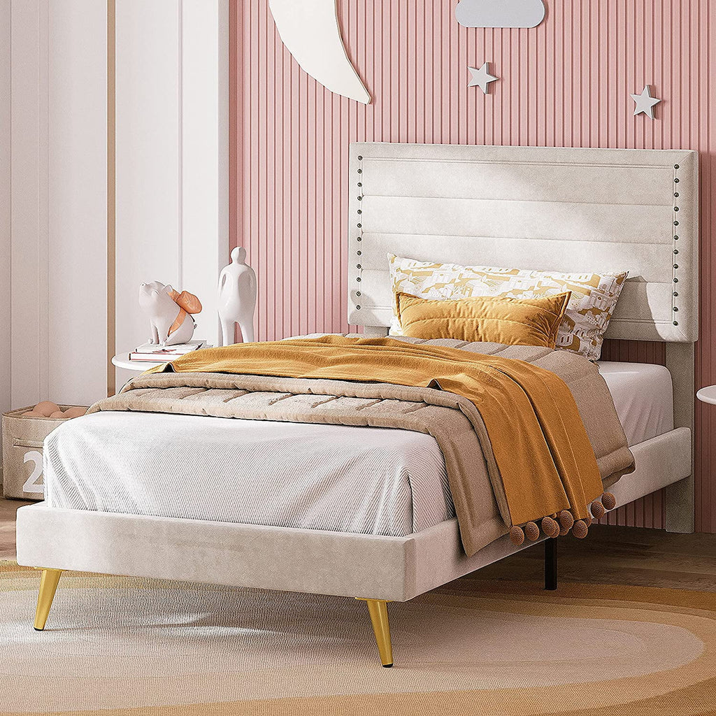 Beige Upholstered Wood Twin Bed Frame Y6238