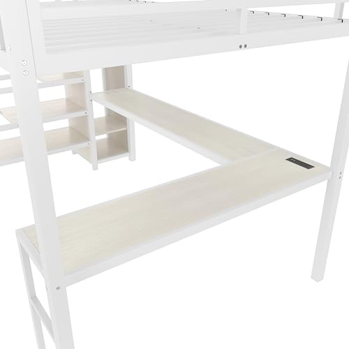 Queen Metal Loft Bed with Desk, Wardrobe, USB Ports, LED Lights, Shelves, White L86483