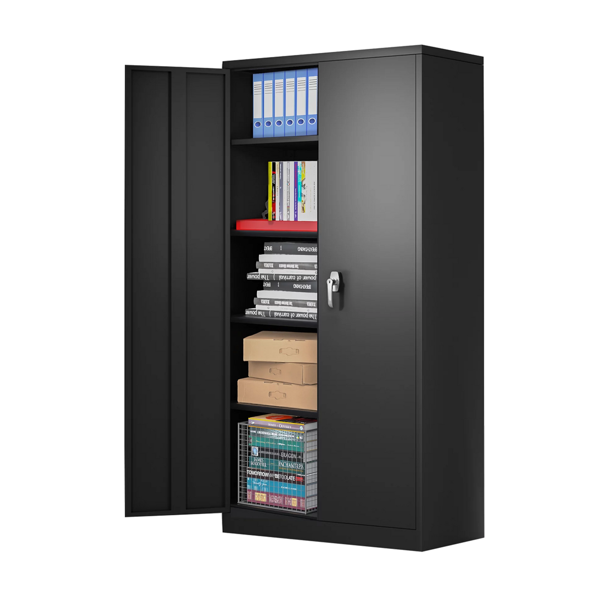 Black 72"H Lockable Steel Storage Cabinet with 4 Adjustable Shelves D810