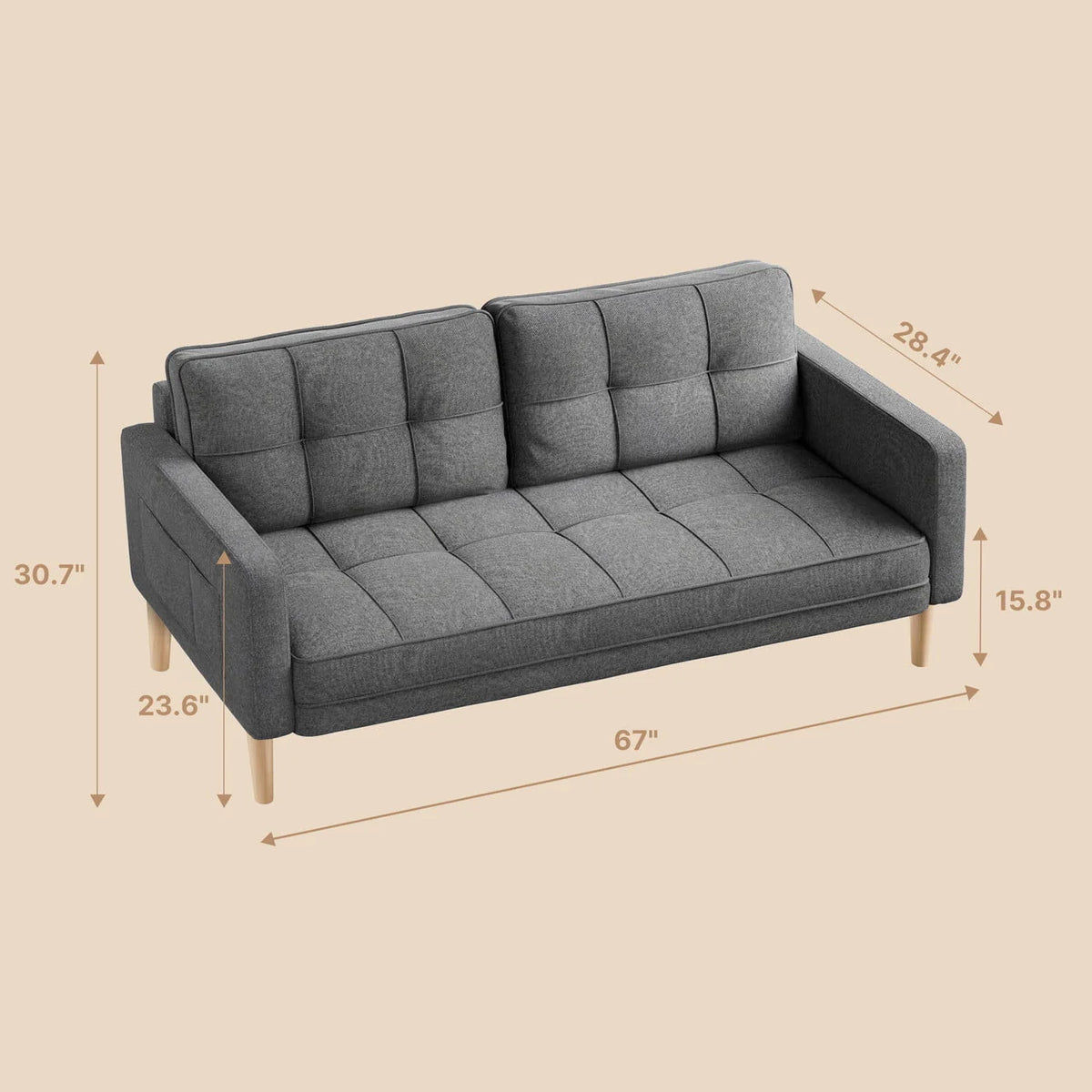 Beige Loveseat Sofa with Wood Legs H145