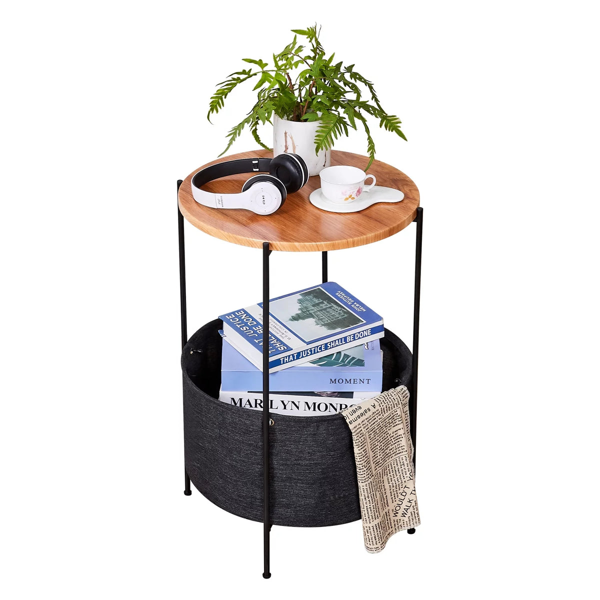 Round Wood Bedside Table with Storage Basket O6493