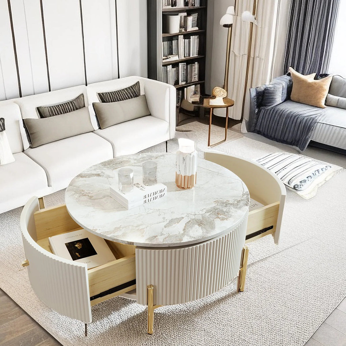Modern Round Coffee Table with 2 Drawer, Sintered Stone Top, White Y16843