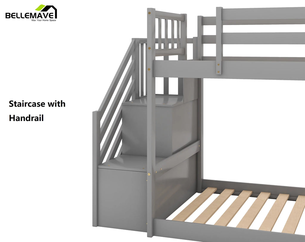 Gray Twin Over Twin Wooden Bunk Bed with Slide and Stairs H8807