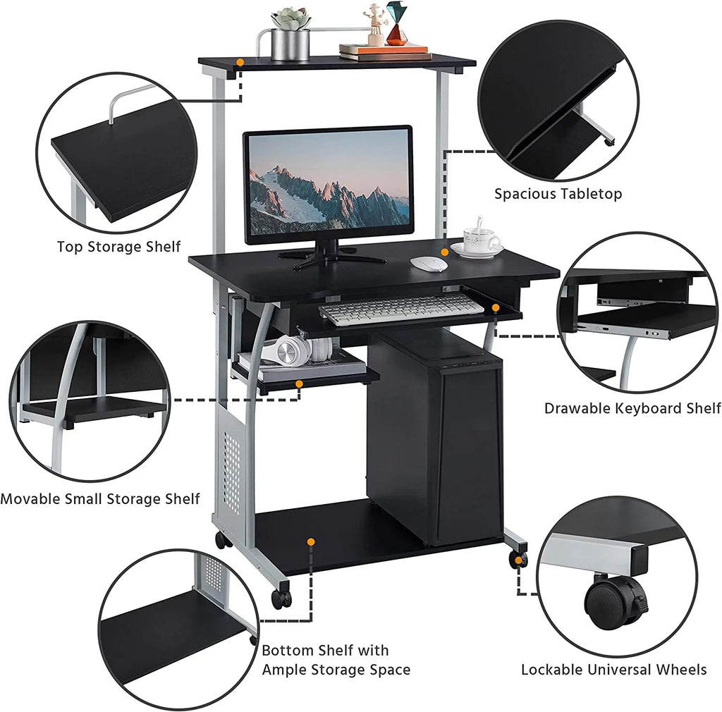 Black 2 Tier Rolling Computer Desk with Keyboard Tray T40974