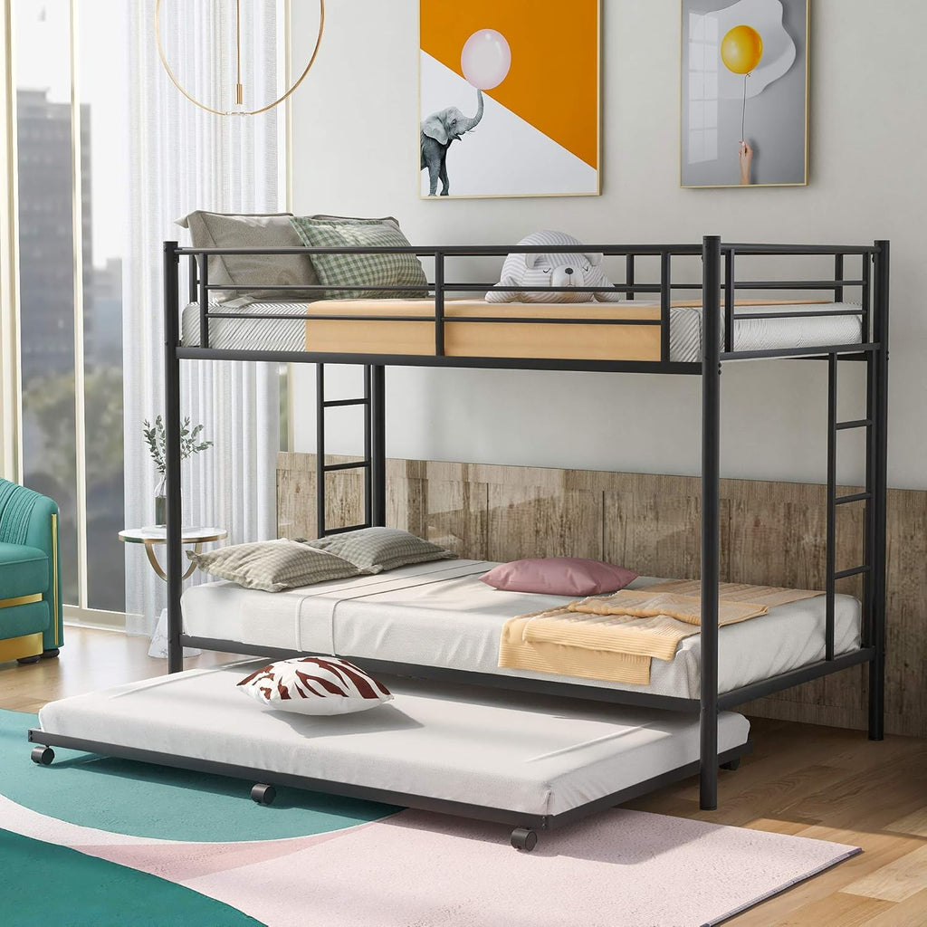 Twin Over Twin Metal Bunk Bed with Trundle and 2 Ladders K341991