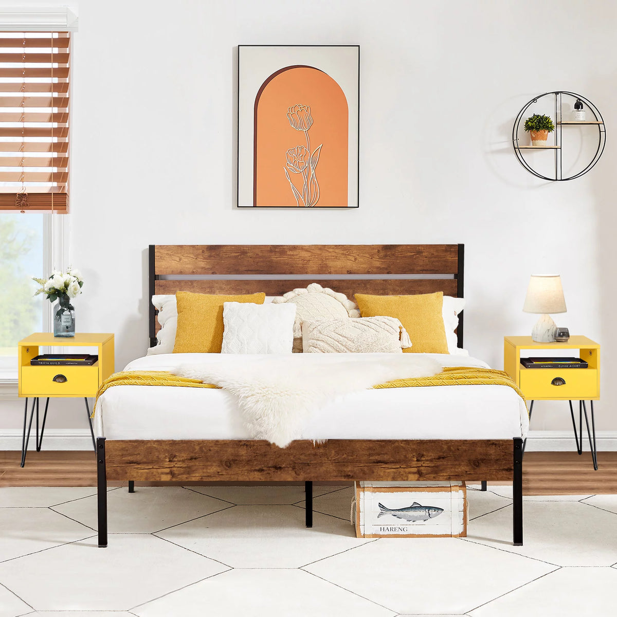 3-Piece Bedroom Set Metal Bed Frame with Wooden Headboard and 2 Nightstand Full Size D87217