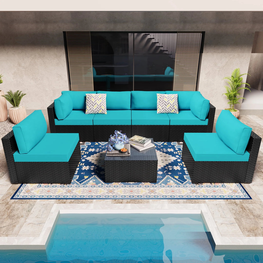 7 Pieces Black Wicker Outdoor Sectional Sofa Set with Tea Table Z22298