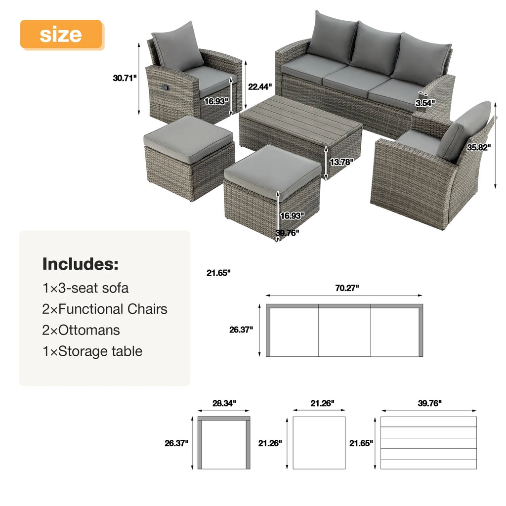 6 Pieces Wicker Rattan Sofa and Table V812712