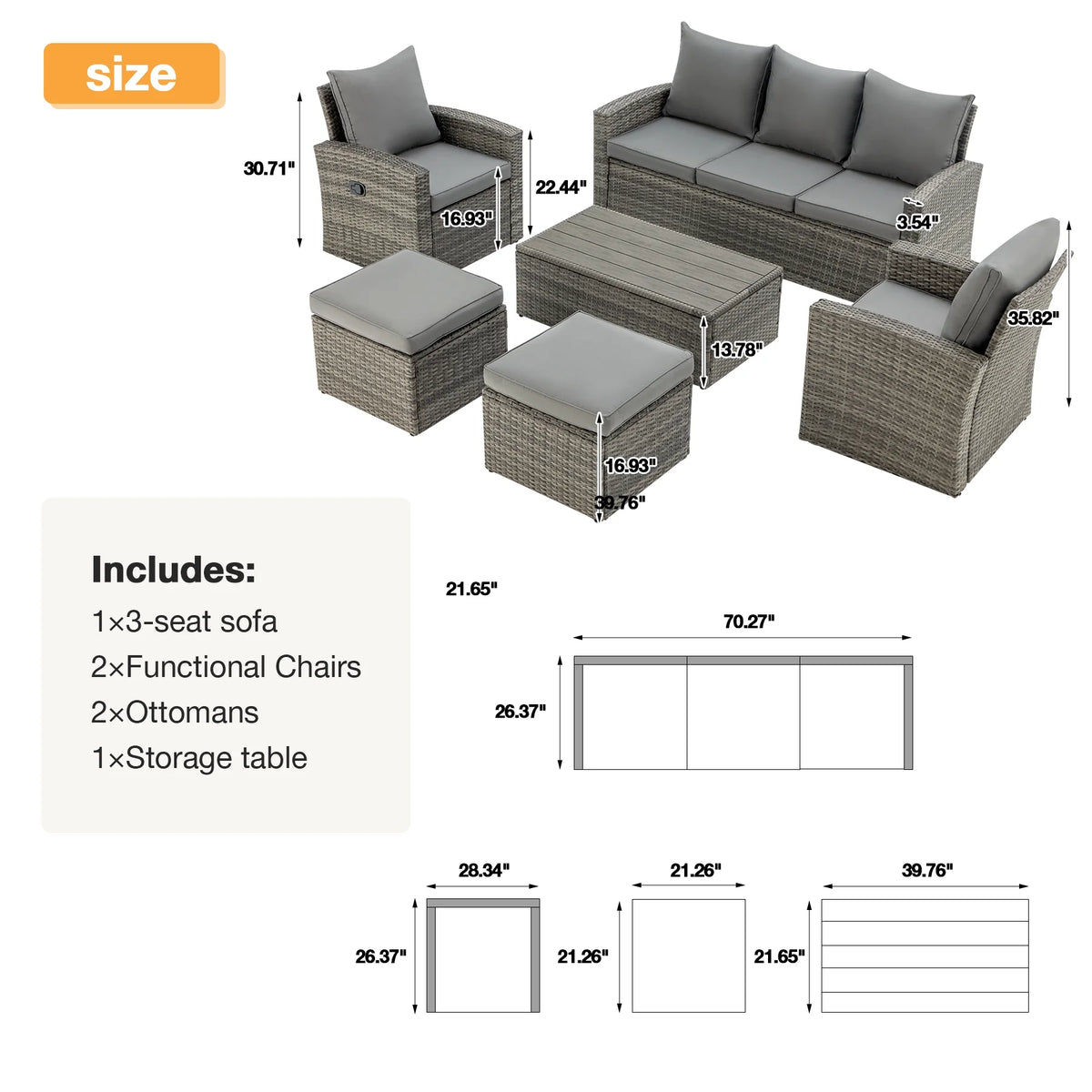 6 Pieces Wicker Rattan Sofa and Table V812712