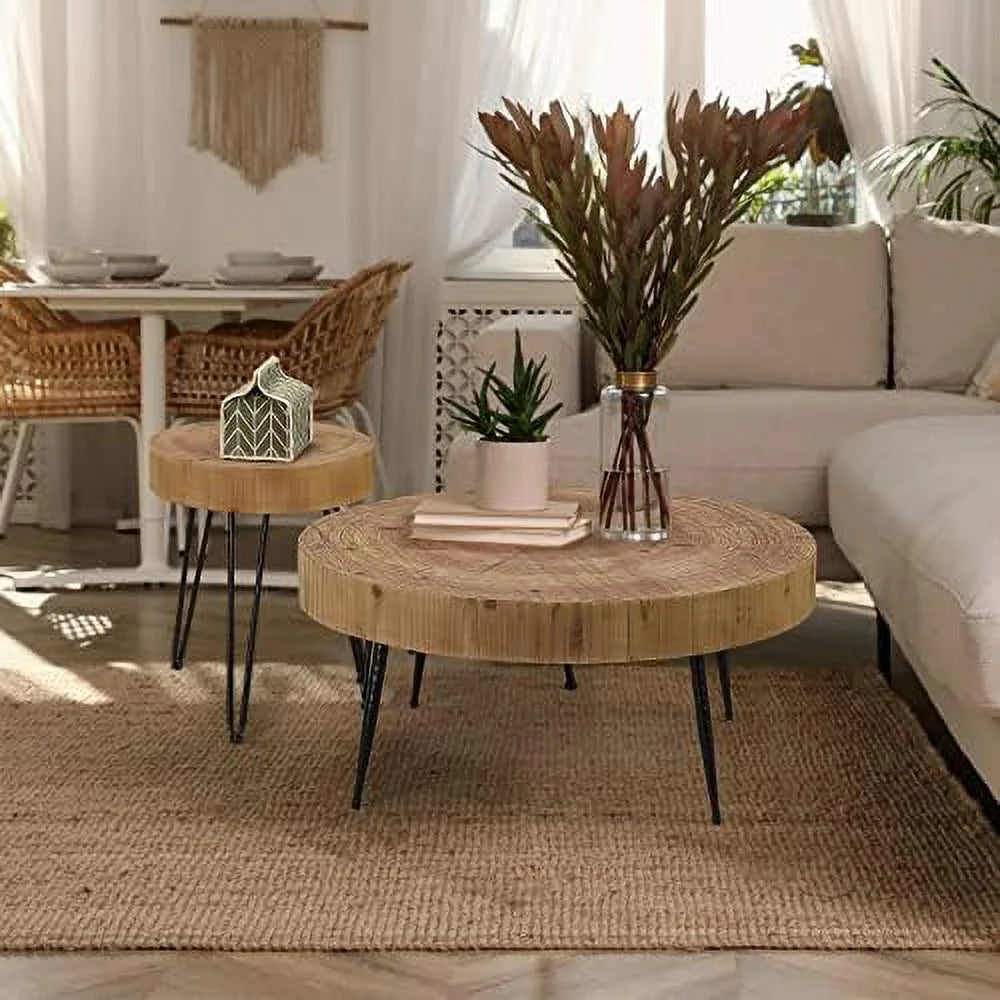 Round Coffee Table Set of 2 Solid Wood Side and End Table V5243