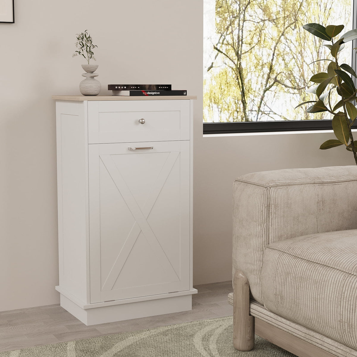 White Tilt Out Trash Can Cabinet R572817