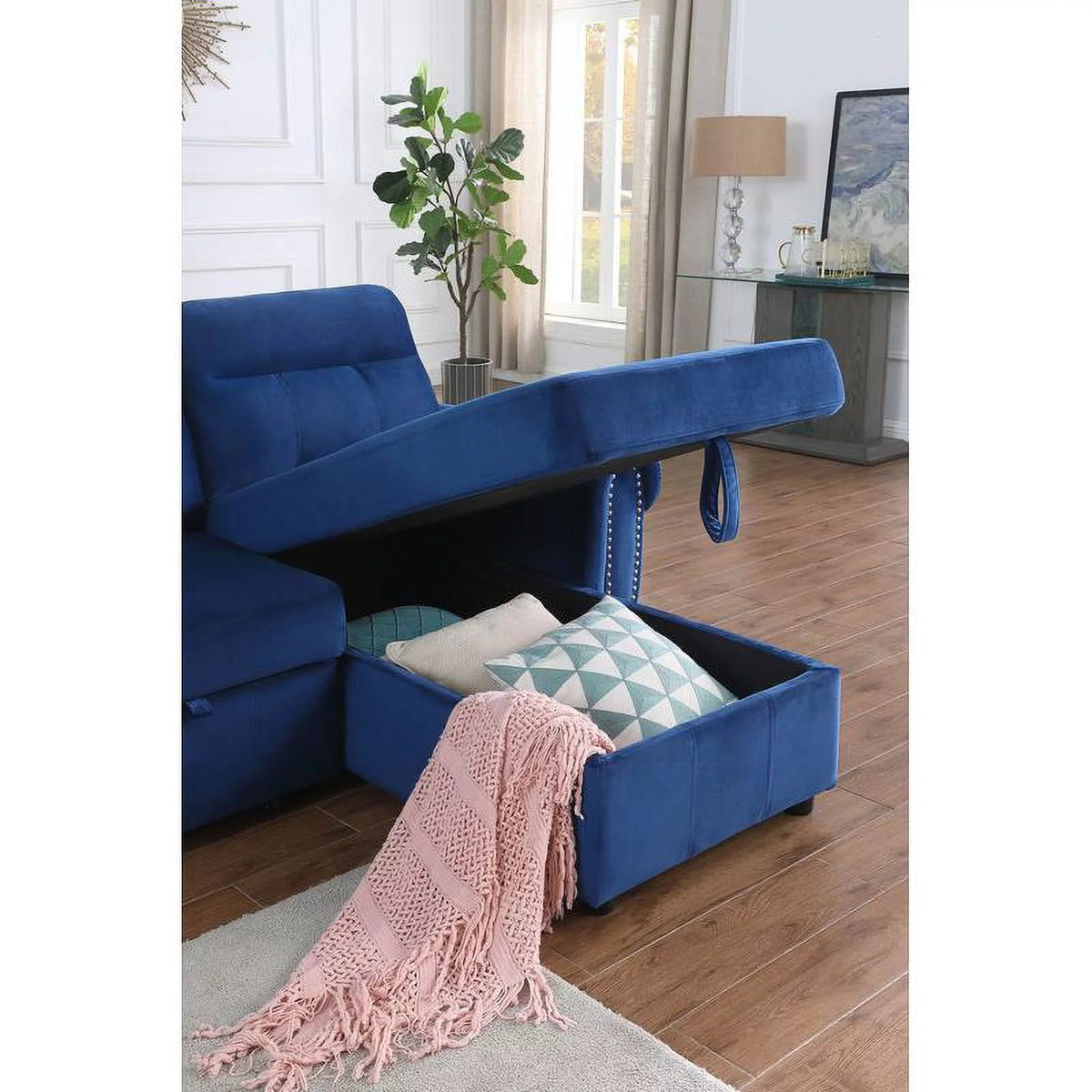 Blue Velvet Reversible Sleeper Sectional Sofa Chaise G74413