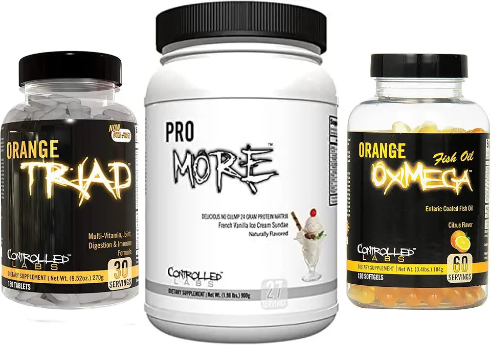 Orange Triad 30 Serv, Fish Oil 120 Softgels, Protein French Vanilla Ice Cream Sundae L427