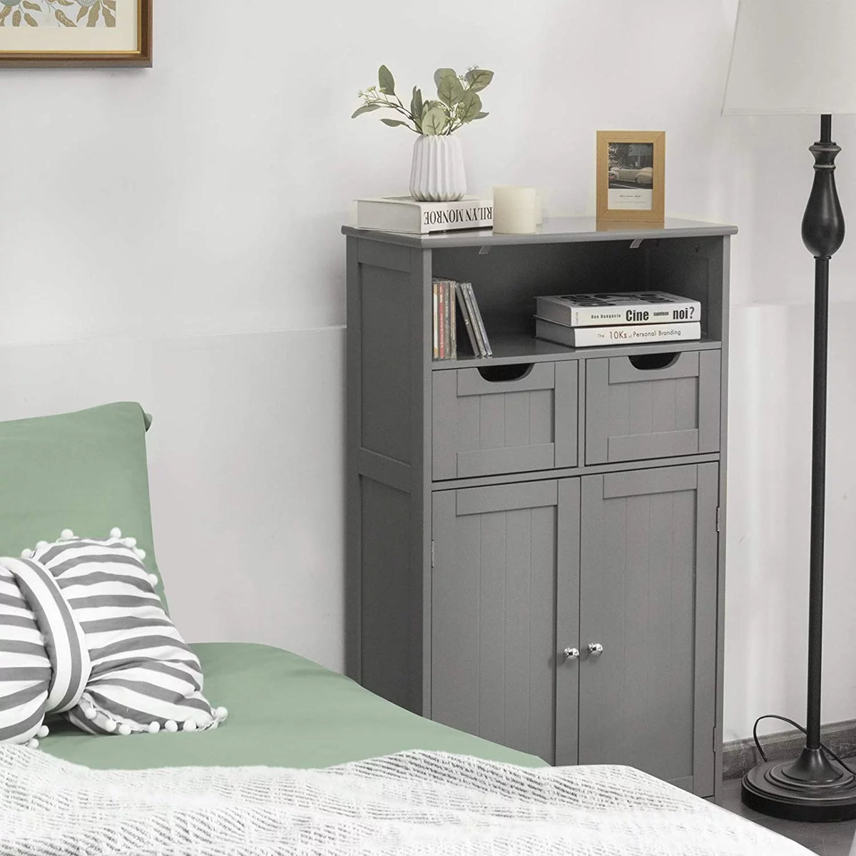 Grey Bathroom Floor Storage Cabinet with Open Shelf Z69129
