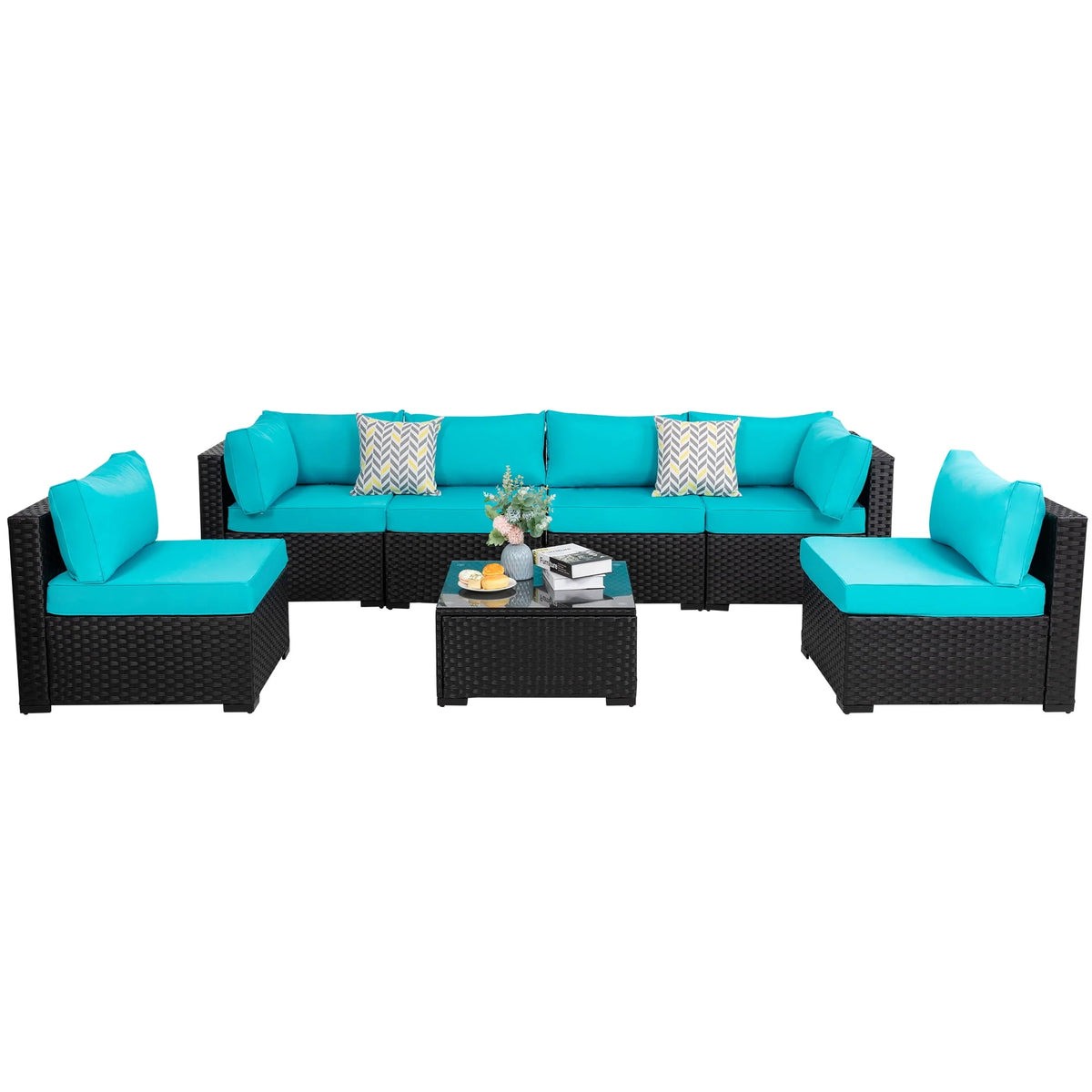 7 Pieces Black Wicker Outdoor Sectional Sofa Set with Tea Table Z22298