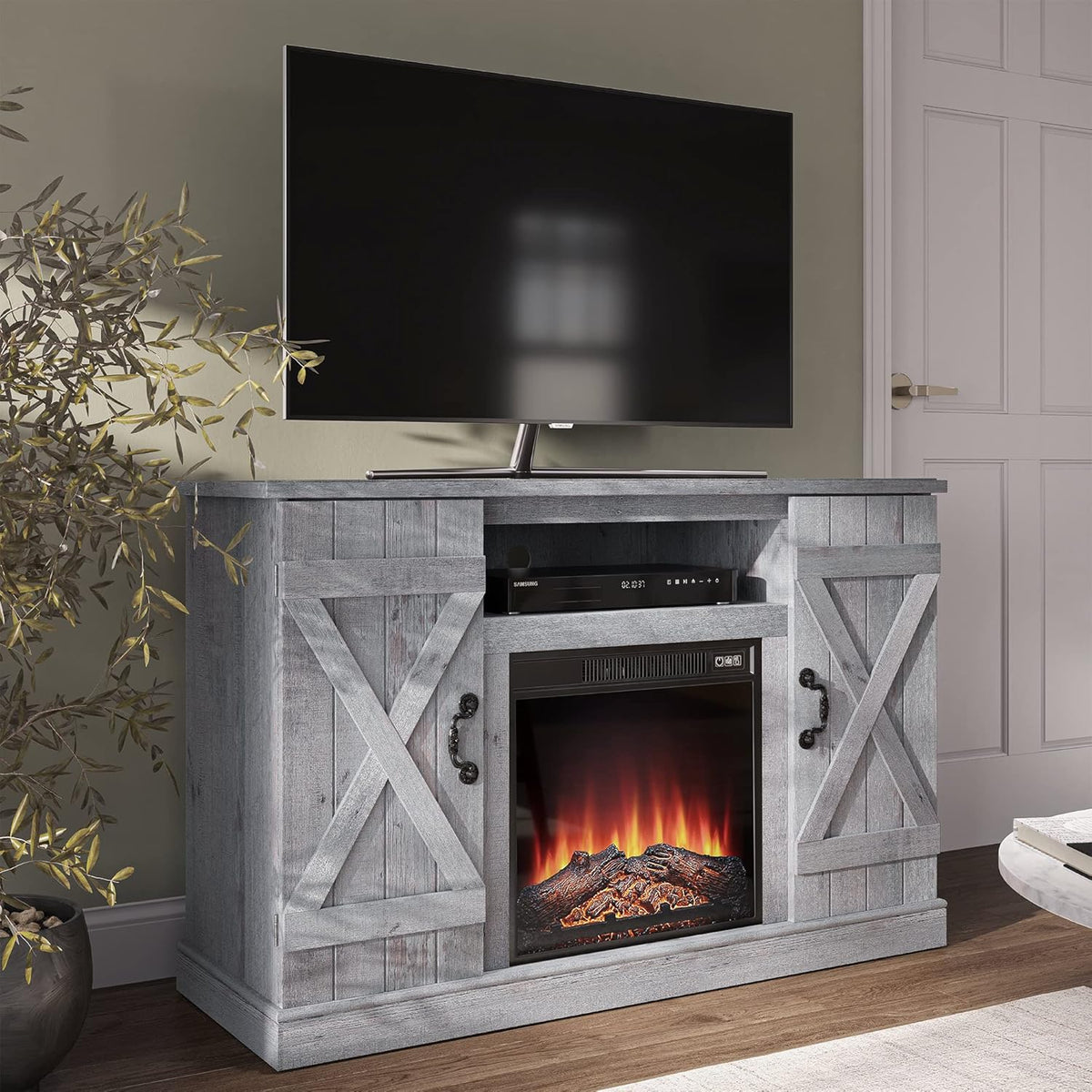 Industrial Electric Fireplace TV Stand with Open Storage Shelves L74166