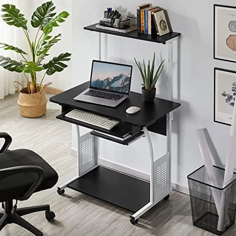 Black 3 Tier Computer Desk with Printer Shelf and Keyboard Tray E7822