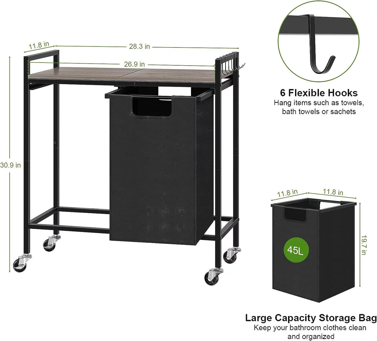 Black Double Laundry Hamper with Removable Bag and Shelf Y658