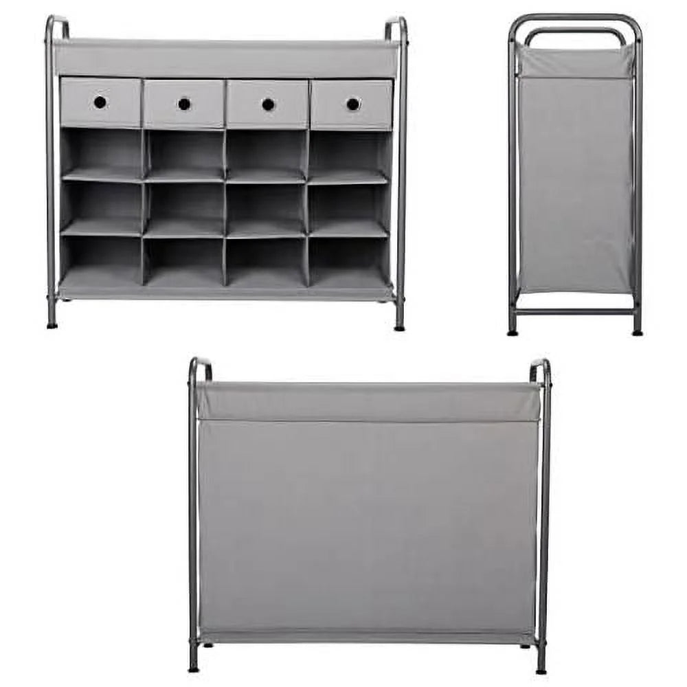 Grey 16 Cubby Shoe Rack Organizer with 4 Drawers S94850