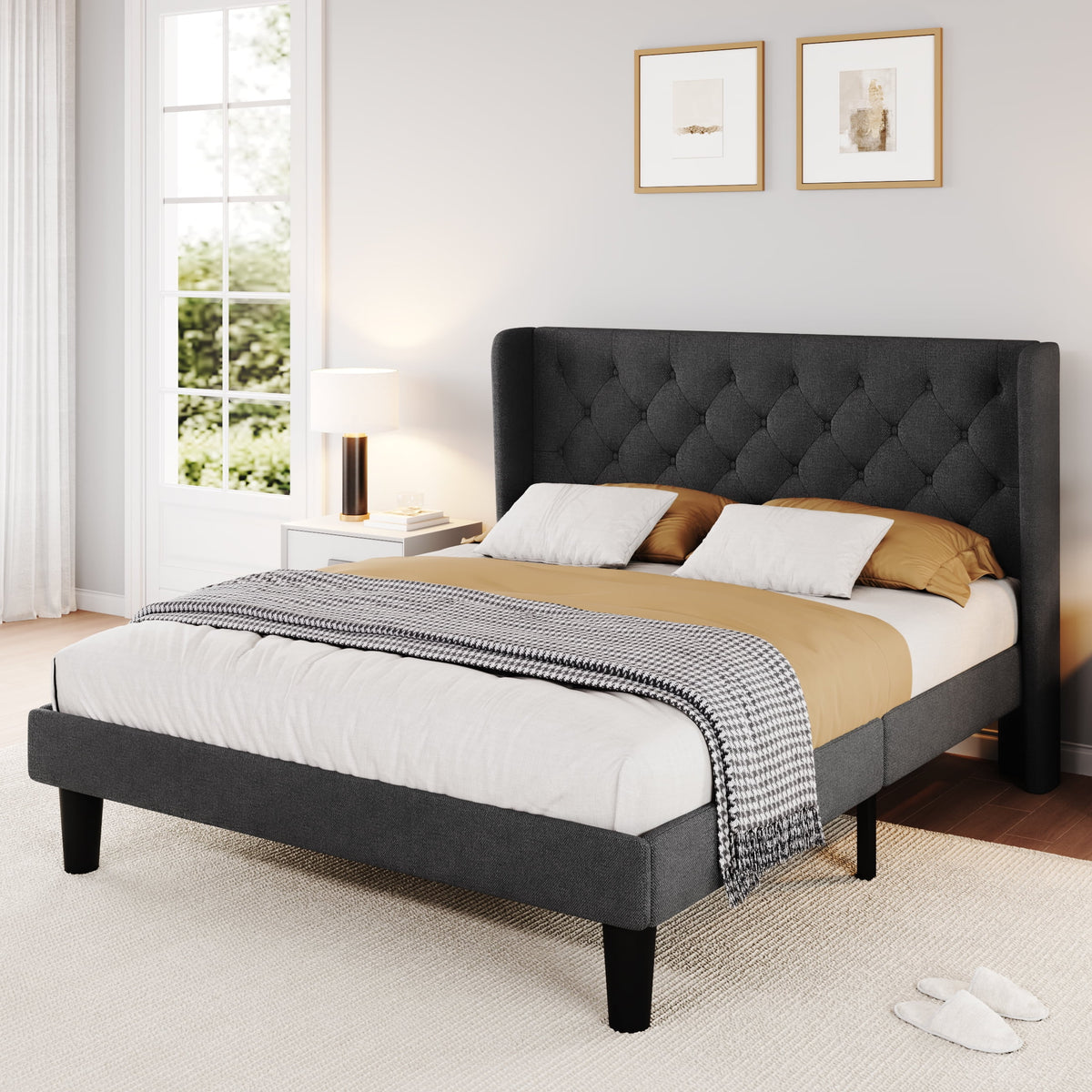 Queen Size Dark Grey Upholstered Platform Bed Frame U867