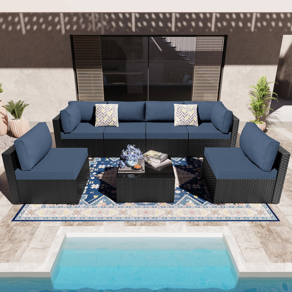 7 Pieces Black Wicker Outdoor Sectional Sofa Set with Tea Table Z22298