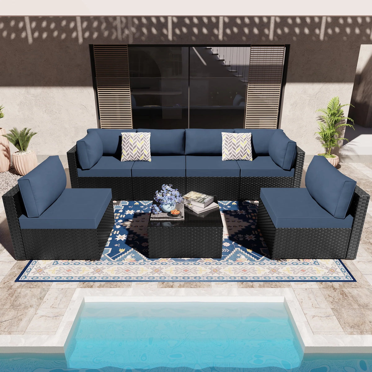 7 Pieces Black Wicker Outdoor Sectional Sofa Set with Tea Table Z22298