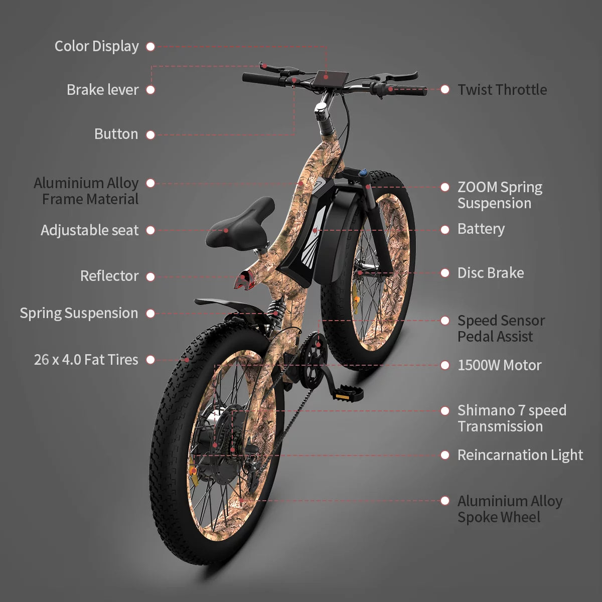 26" 1500W Fat Tire Electric Mountain Bike K52301