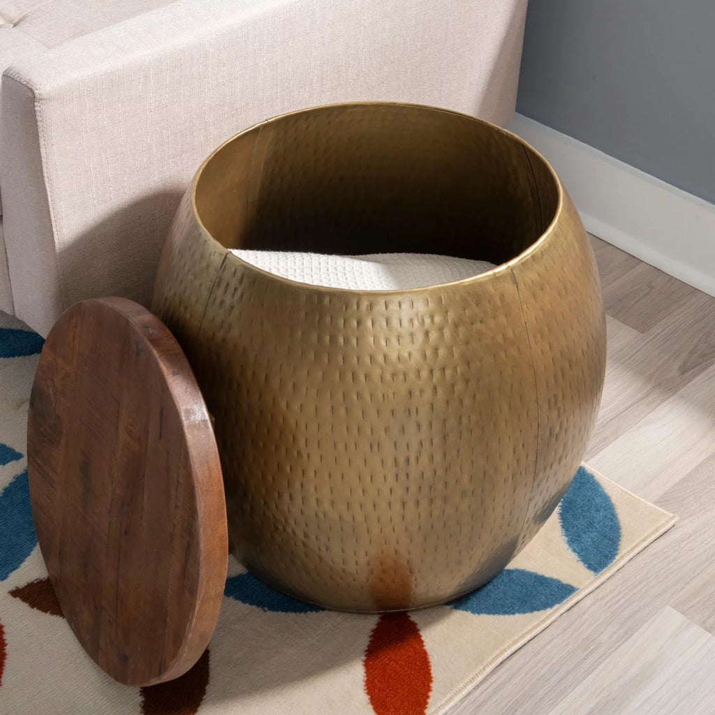 Gold Metal and Wood Storage Side Table U821615