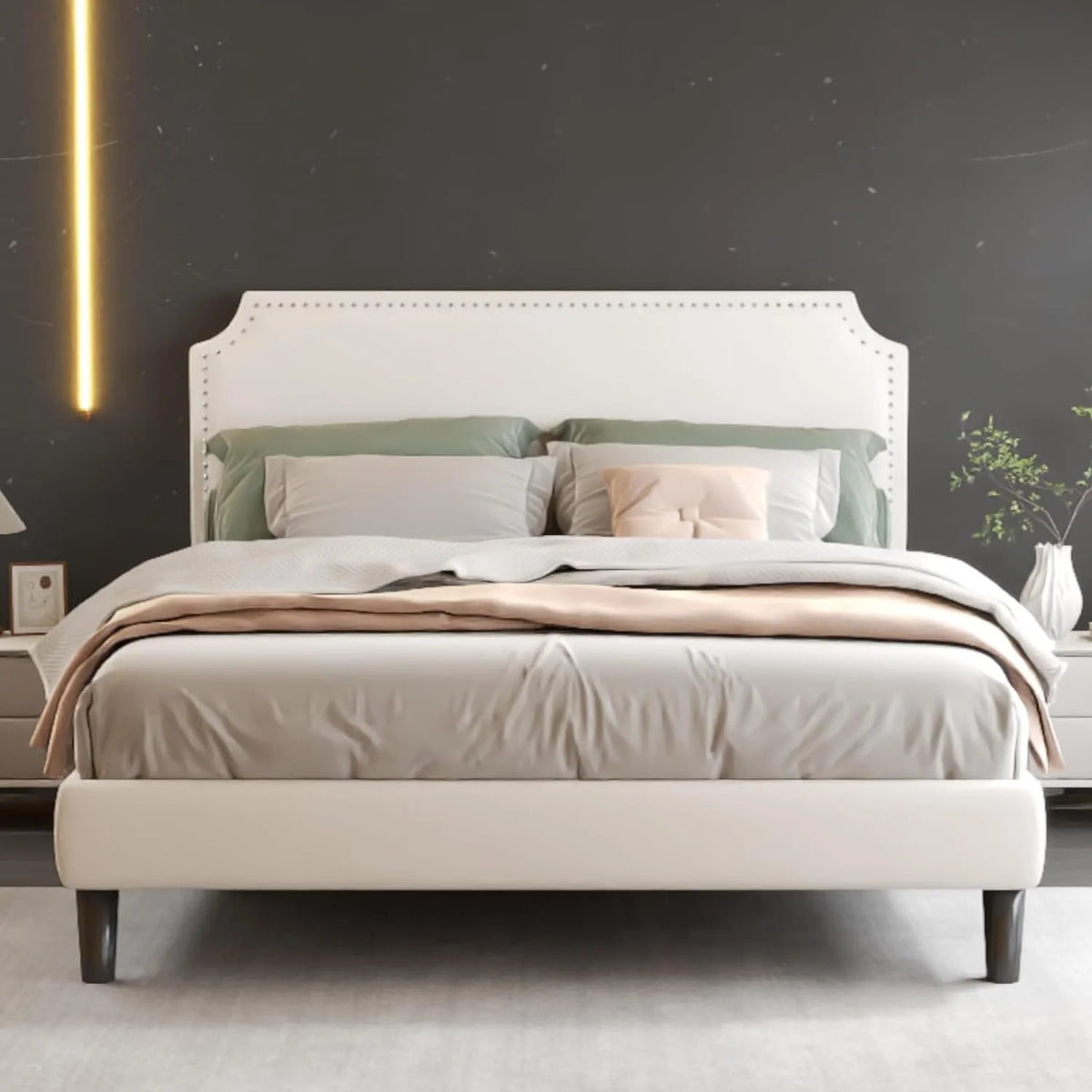 Queen Upholstered Platform Bed Frame with Adjustable Headboard V58305