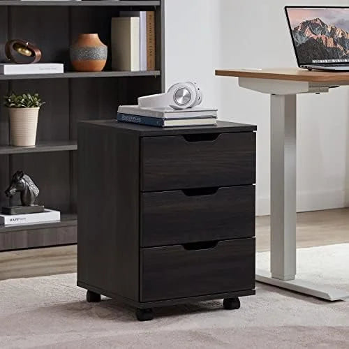 3 Drawer Black Wood Mobile File Cabinet R12018