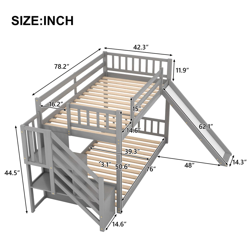 Gray Twin Over Twin Wooden Bunk Bed with Slide and Stairs H8807