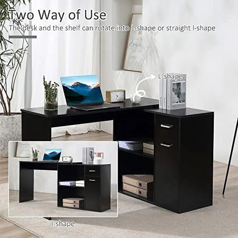 L Shaped Computer Desk with Shelves Drawer and Cabinet White E503