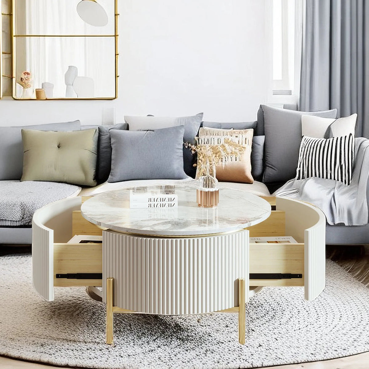 Modern Round Coffee Table with 2 Drawer, Sintered Stone Top, White Y16843
