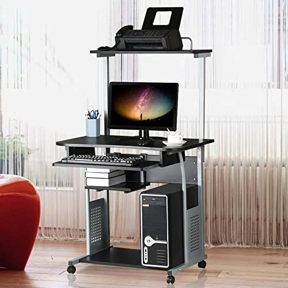 Black 3 Tier Computer Desk with Printer Shelf and Keyboard Tray E7822