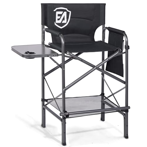 Tall Folding Chair with Side Table Cup Holder Storage Pocket Blue Grey O655