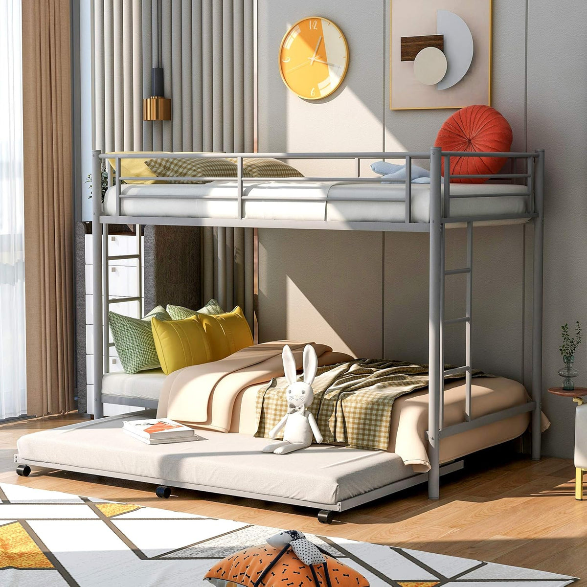 Twin Over Twin Metal Bunk Bed with Trundle and 2 Ladders K341991