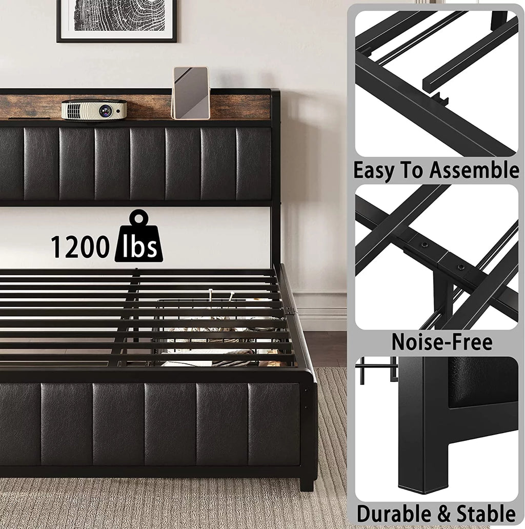 King Bed Frame with Storage Drawers and Upholstered Platform Bed Q265