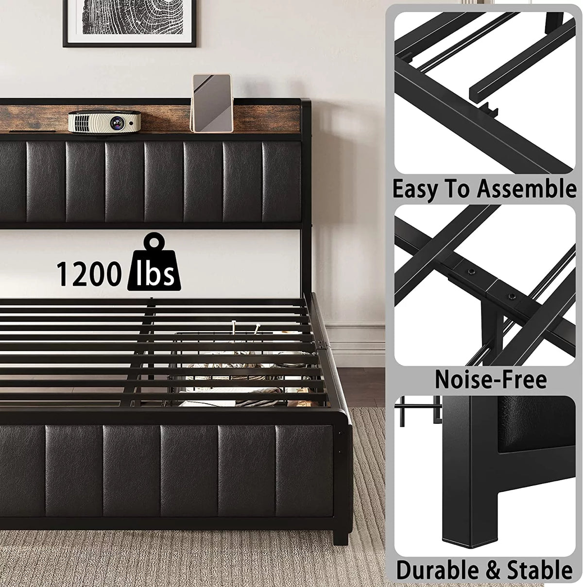 King Bed Frame with Storage Drawers and Upholstered Platform Bed Q265