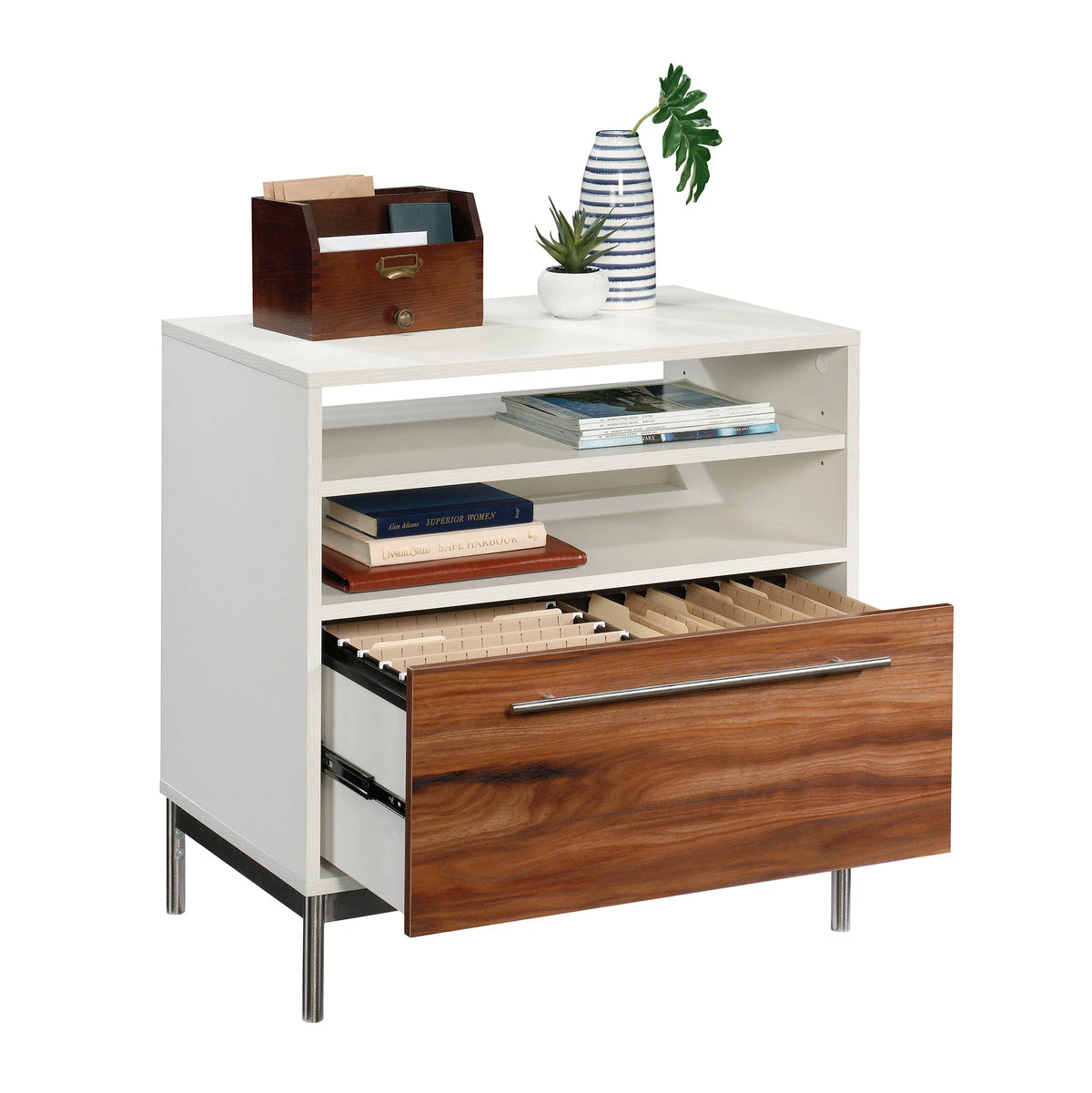 Pearl Oak Finish Lateral File Cabinet with Open Storage F2955