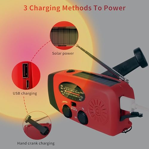 Portable Self-Powered AM/FM/NOAA Weather Radio with Solar & Hand-Crank Charging, LED Flashlight, USB Rechargeable, 2000mAh Power Bank B26922