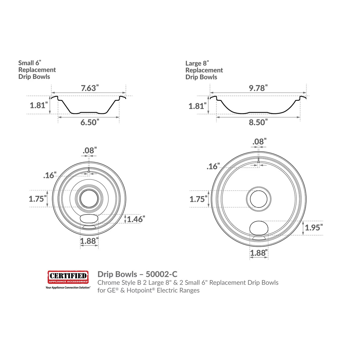 Chrome Style B 8" and 6" Replacement Drip Bowls S584
