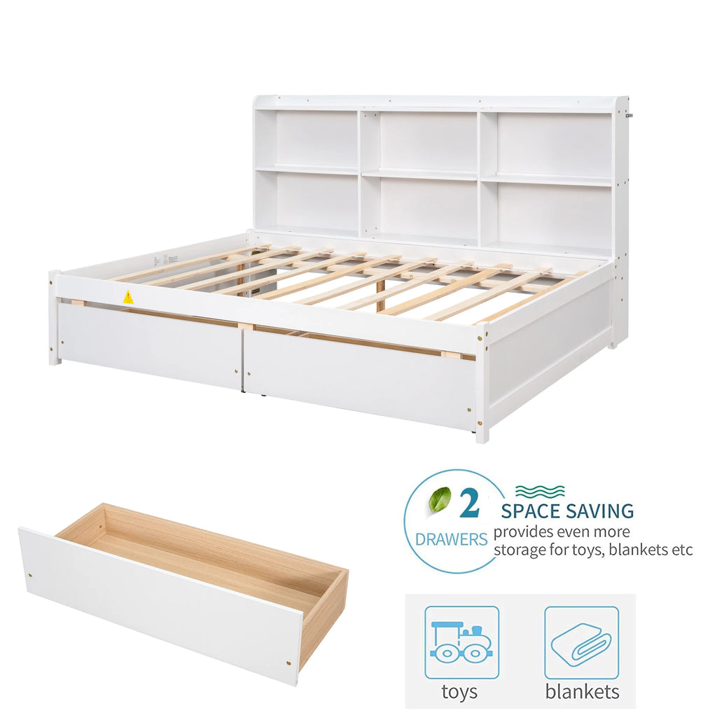 Full Size Platform Bed with Bookcases and Drawers Gray U13631