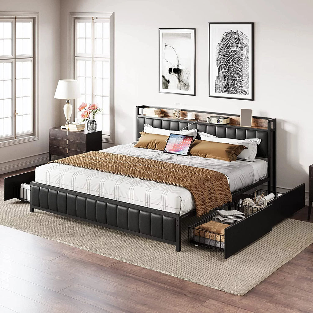 King Bed Frame with Storage Drawers and Upholstered Platform Bed Q265