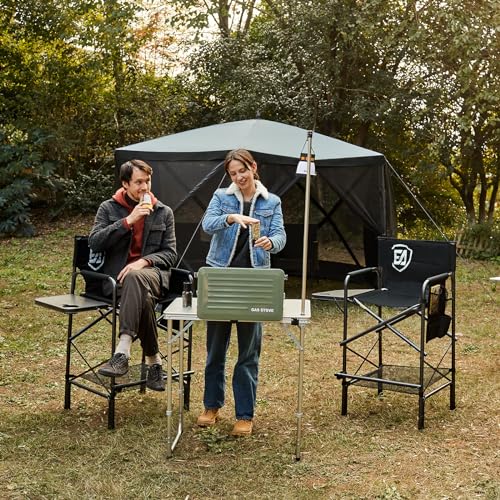 Tall Folding Chair with Side Table Cup Holder Storage Pocket Blue Grey O655